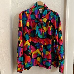 LUCKY ME Women's Rainbow Abstract Tie Collared Long Sleeve Top Size 42